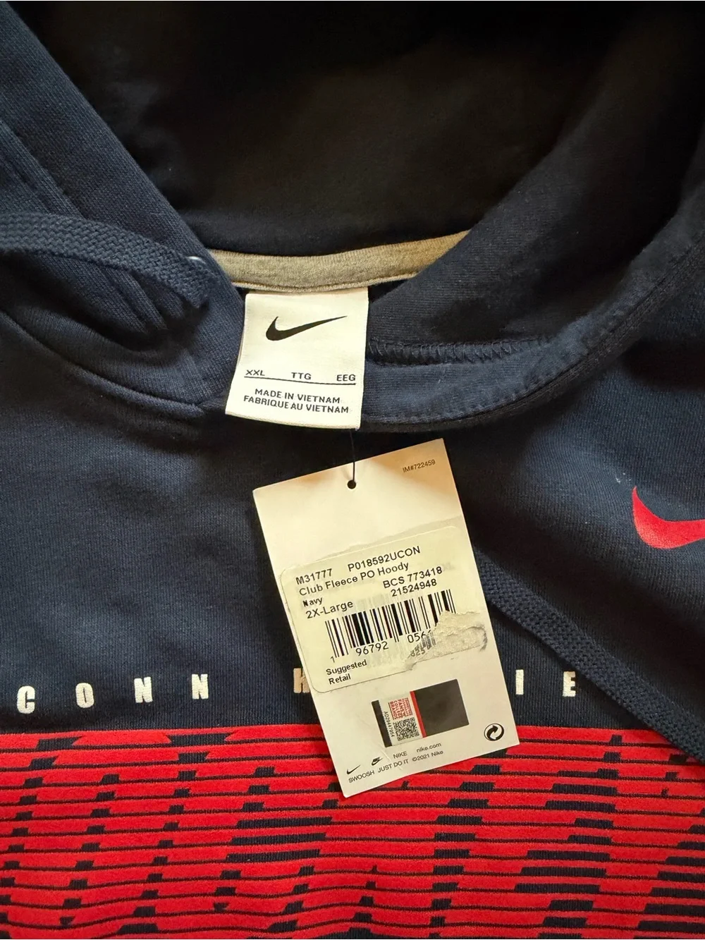 UConn Huskies Nike Club Fleece Sweatshirt Men's Navy NEW WITH TAGS Size XXL